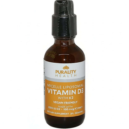 Liposomal Liquid Blend of Vitamin D3 with K2 in a 2fl oz bottle by Purality Health for enhanced absorption.