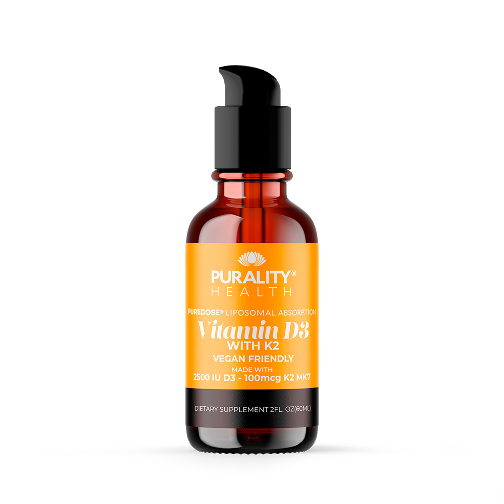 Liposomal Liquid Blend of Vitamin D3 with K2 in a pump bottle by Purality Health for immune support and bone density.