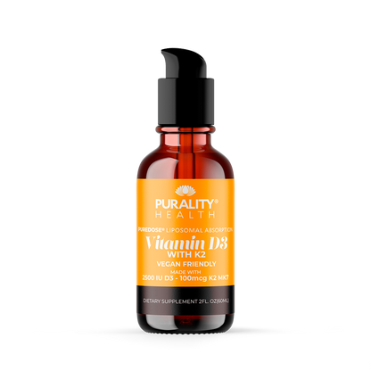 Liposomal Liquid Blend of Vitamin D3 with K2 in a pump bottle by Purality Health for immune support and bone density.