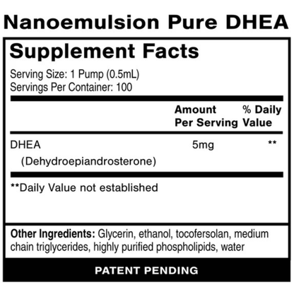 Supplement facts for Nanoemulsified Liquid Pure DHEA showing DHEA and other ingredients information.