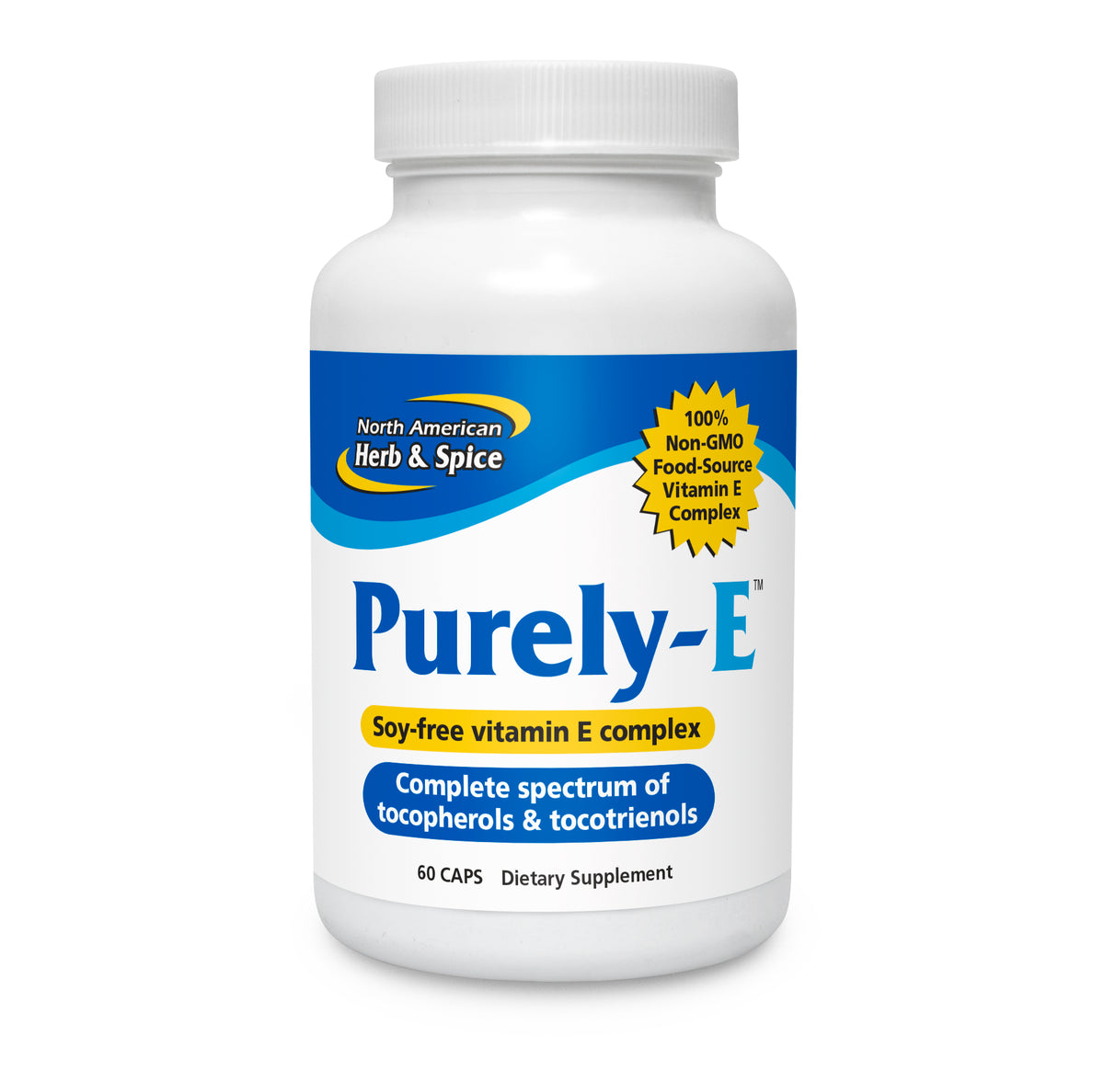 Purely-E Non-GMO Vitamin E Capsules bottle showcasing a complete spectrum of tocopherols and tocotrienols.