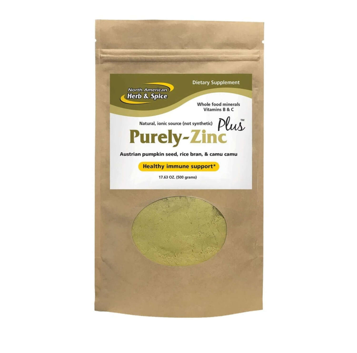 Purely-Zinc Plus Whole Food Zinc Powder Supplement packaging for immune support.