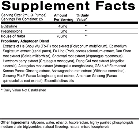 Supplement facts label for Liposomal Hormone Balance featuring adaptogenic blend and key ingredients.