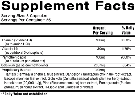 Clear Way Cofactors supplement facts panel detailing natural detox pathway support ingredients and serving information.