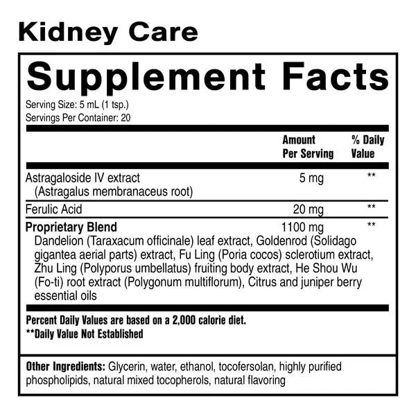 Supplement facts for Kidney Care, a Nanoemulsified Botanical Supplement, detailing ingredients and serving size.