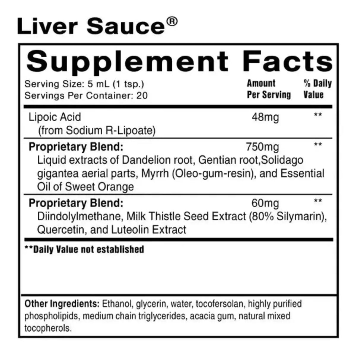 Liver Sauce Bioavailable Detox Supplement Supplement Facts including ingredients and serving sizes.
