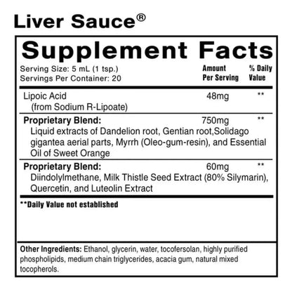 Liver Sauce Bioavailable Detox Supplement Supplement Facts including ingredients and serving sizes.