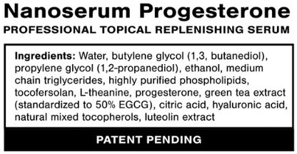 Nanoserum Progesterone ingredients list for professional topical replenishing serum featuring Bioidentical Progesterone.