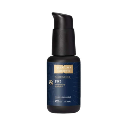 Quicksilver Scientific D3 K2 Liposomal Vitamins for immune support in a sleek black bottle.