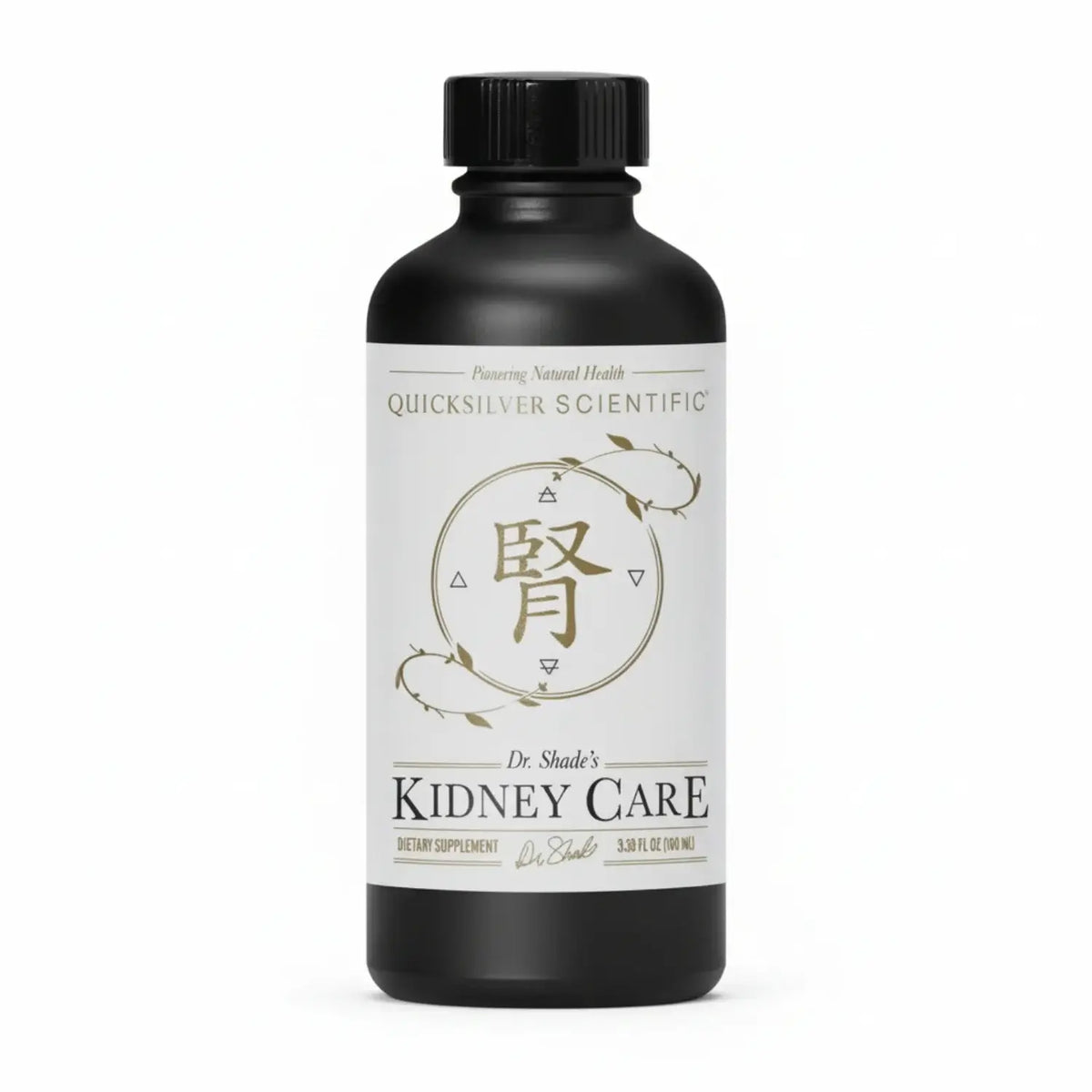 Nanoemulsified Botanical Supplement in a black bottle labeled Dr. Shade's Kidney Care by Quicksilver Scientific.