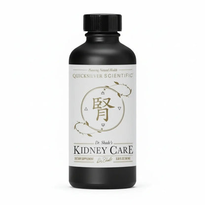 Nanoemulsified Botanical Supplement in a black bottle labeled Dr. Shade's Kidney Care by Quicksilver Scientific.