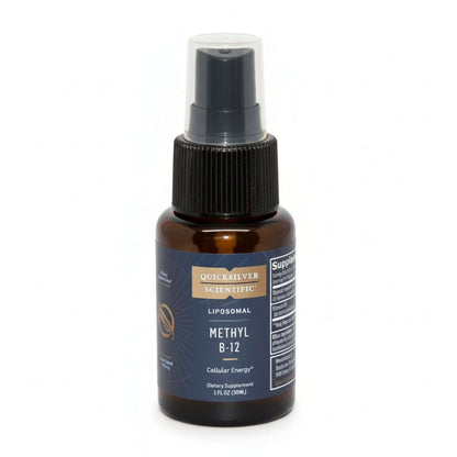 Methyl B-12 Liposomal Vitamin spray bottle for energy and focus support by Quicksilver Scientific.