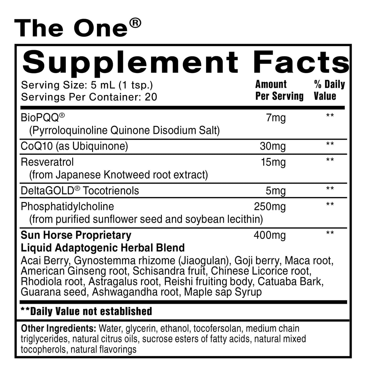 Supplement Facts for The ONE - Nanoemulsified Vitamins showing ingredients and serving details.