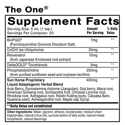 Supplement Facts for The ONE - Nanoemulsified Vitamins showing ingredients and serving details.