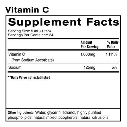 Supplement facts label for Vitamin C Liposomal Antioxidant featuring serving size and nutritional information.