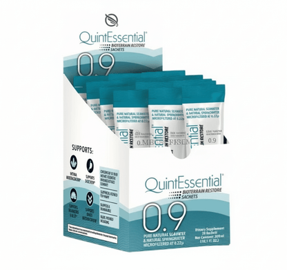QuintEssential Bioterrain Restore 0.9 sachets for Seawater Electrolytes for Cellular Hydration in display box.