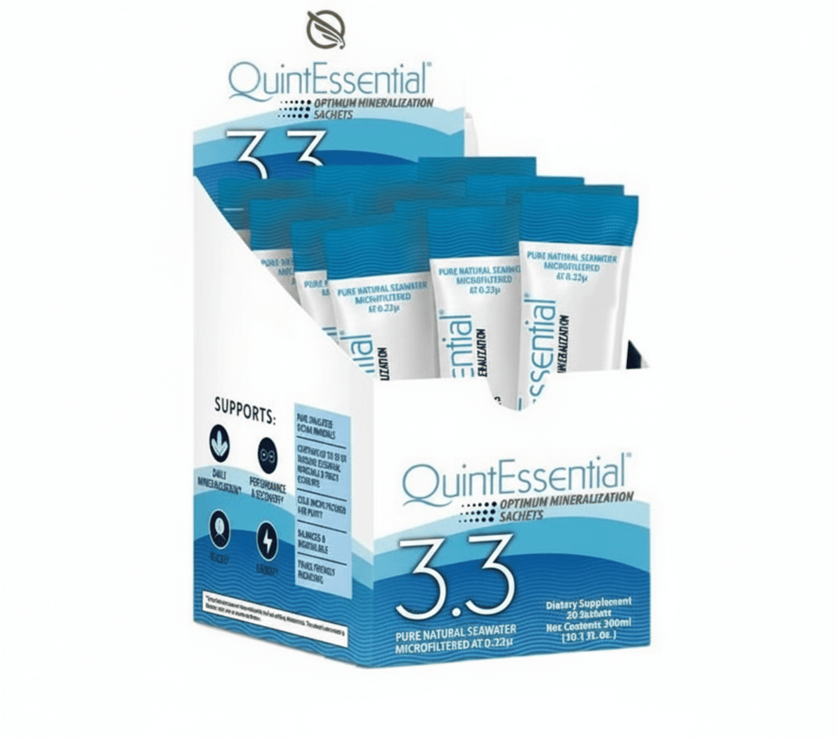 QuintEssential Optimum Mineralization 3.3 sachets for Rapid Mineral Replenishment Liquid, dietary supplement packaging.