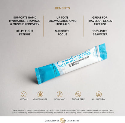 QuintEssential Optimum Mineralization 3.3 sachet benefits, supports Rapid Mineral Replenishment Liquid, hydration, focus.