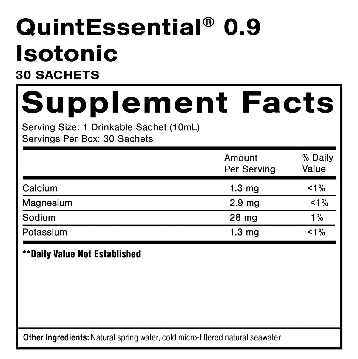 QuintEssential 0.9 Isotonic Supplement Facts label Rapid Mineral Replenishment Liquid