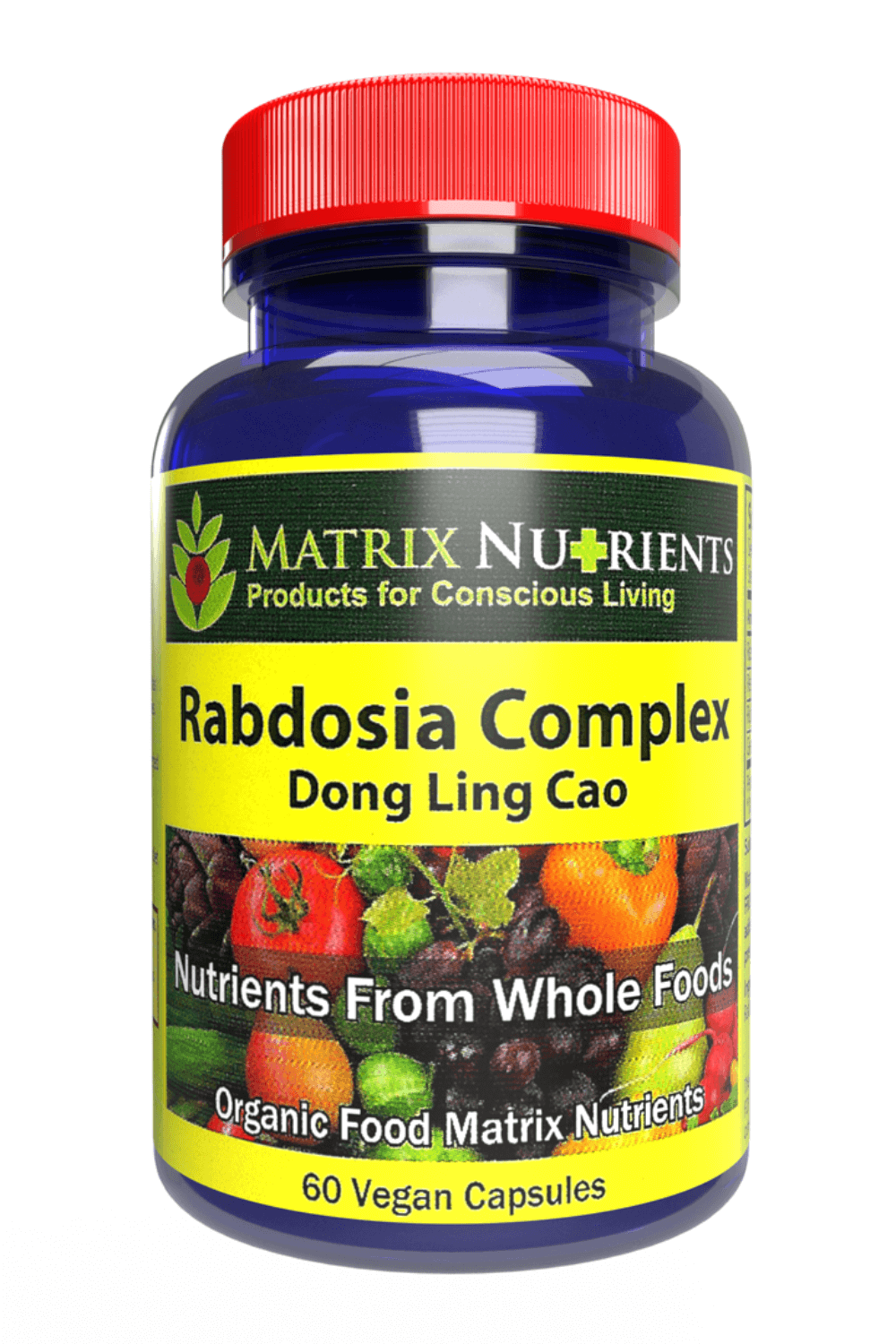 Rabdosia Complex - Antioxidant and Longevity Supplement in a blue bottle with vibrant fruit and vegetable design.