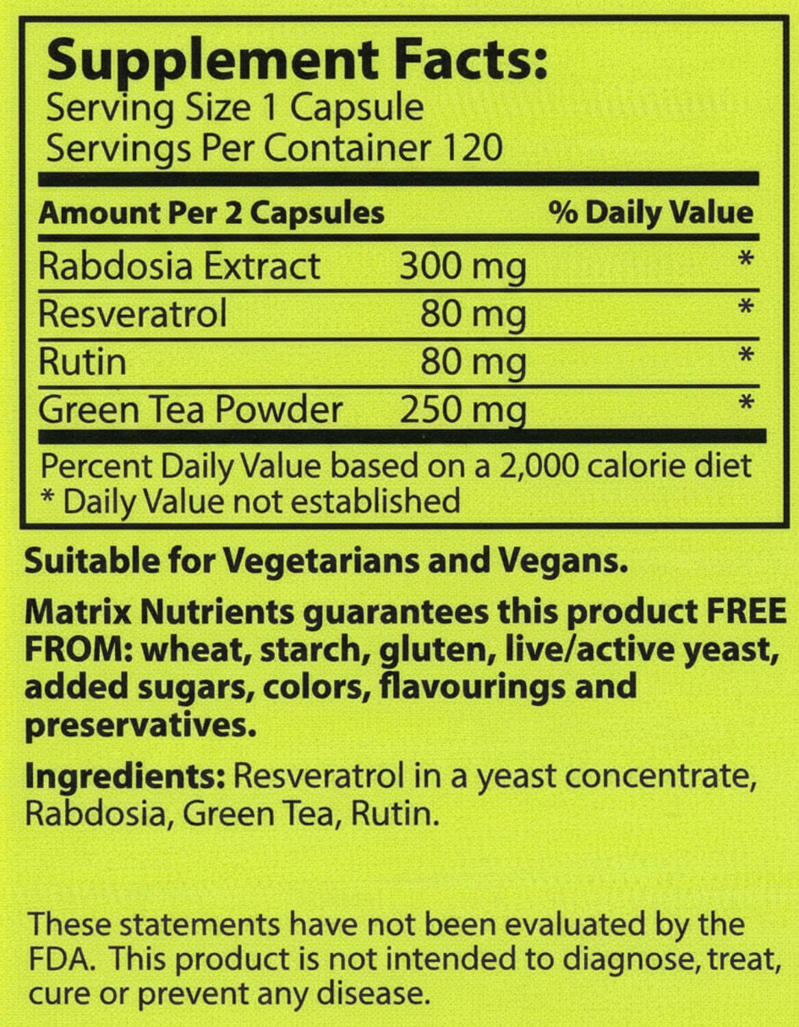 Supplement facts for Rabdosia Complex - Antioxidant and Longevity Supplement. Nutritional information and ingredients.