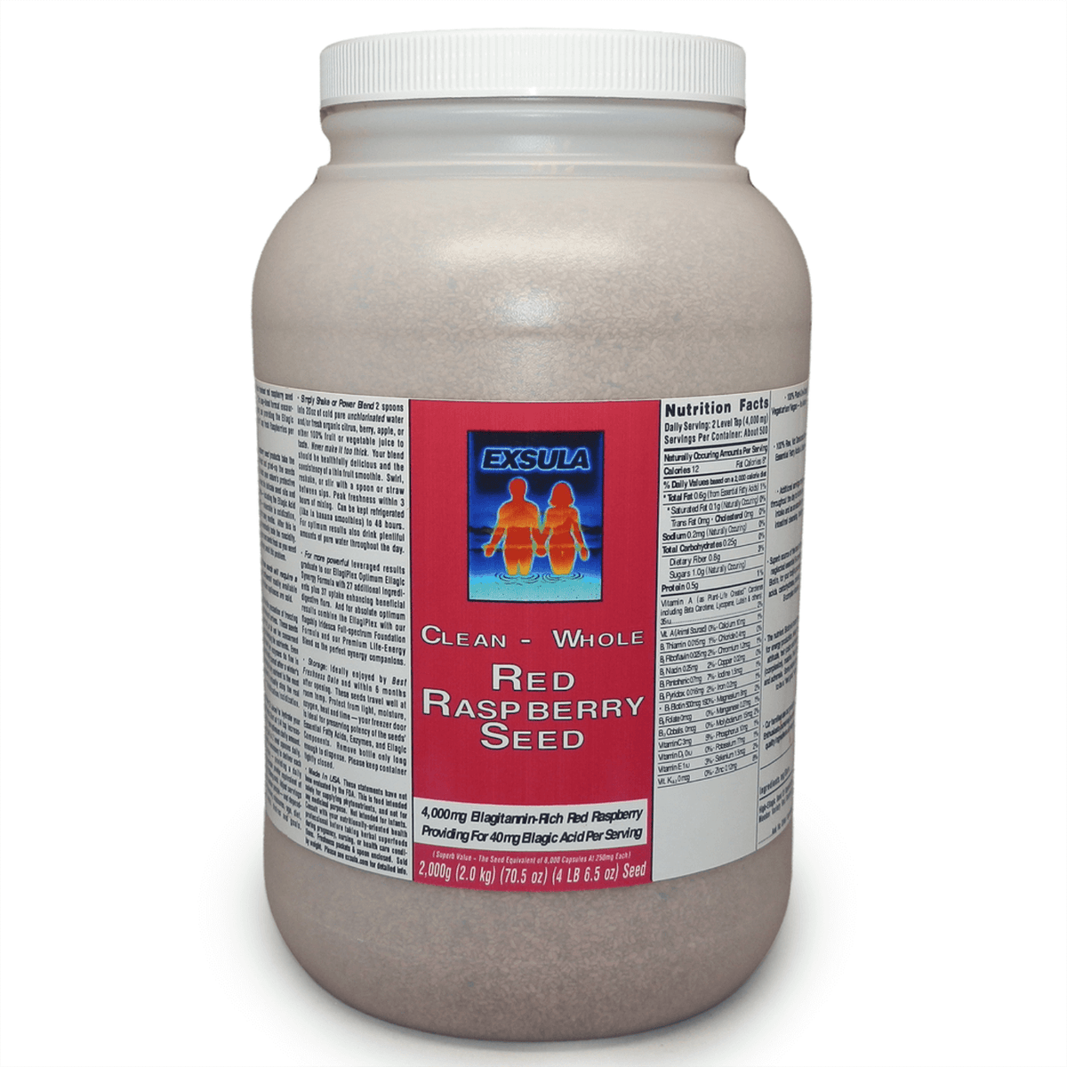 Exsula Red Raspberry Seeds - Ellagic Acid Source, antioxidant-rich micronized powder in a large container.