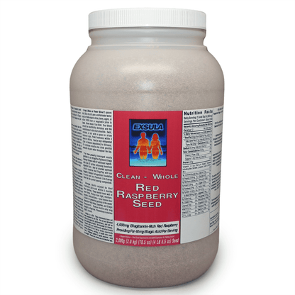 Exsula Red Raspberry Seeds - Ellagic Acid Source, antioxidant-rich micronized powder in a large container.