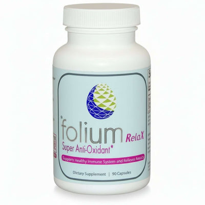 RelaX Super Antioxidant for Stress Relief dietary supplement bottle with 90 capsules, supports healthy immune system.
