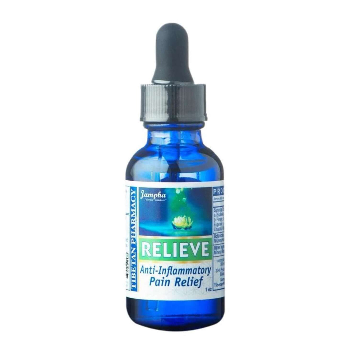 Blue bottle with dropper labeled 'Relieve' on a white background