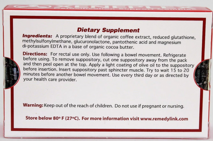 Dietary Supplement box with ingredients and usage directions for Glutathione and Coffee Based Liver Detox Support.