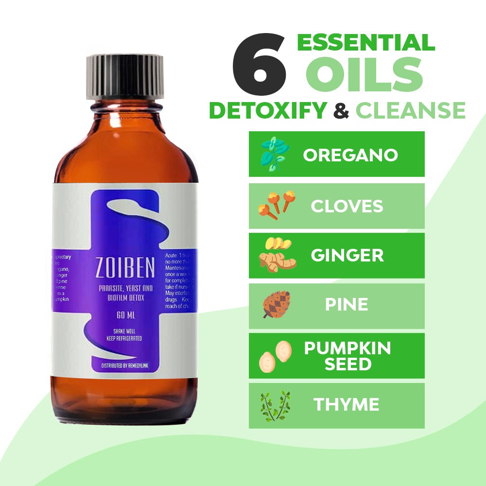 Zoiben bottle with 6 essential oils for Broad Spectrum Detox and Intestinal Microbiome Support.
