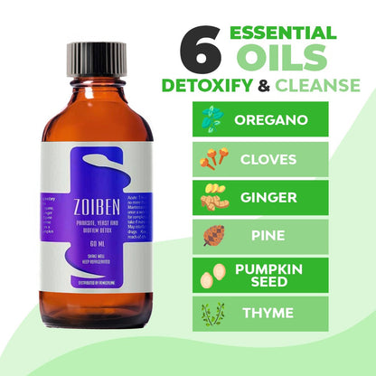 Zoiben bottle with 6 essential oils for Broad Spectrum Detox and Intestinal Microbiome Support.
