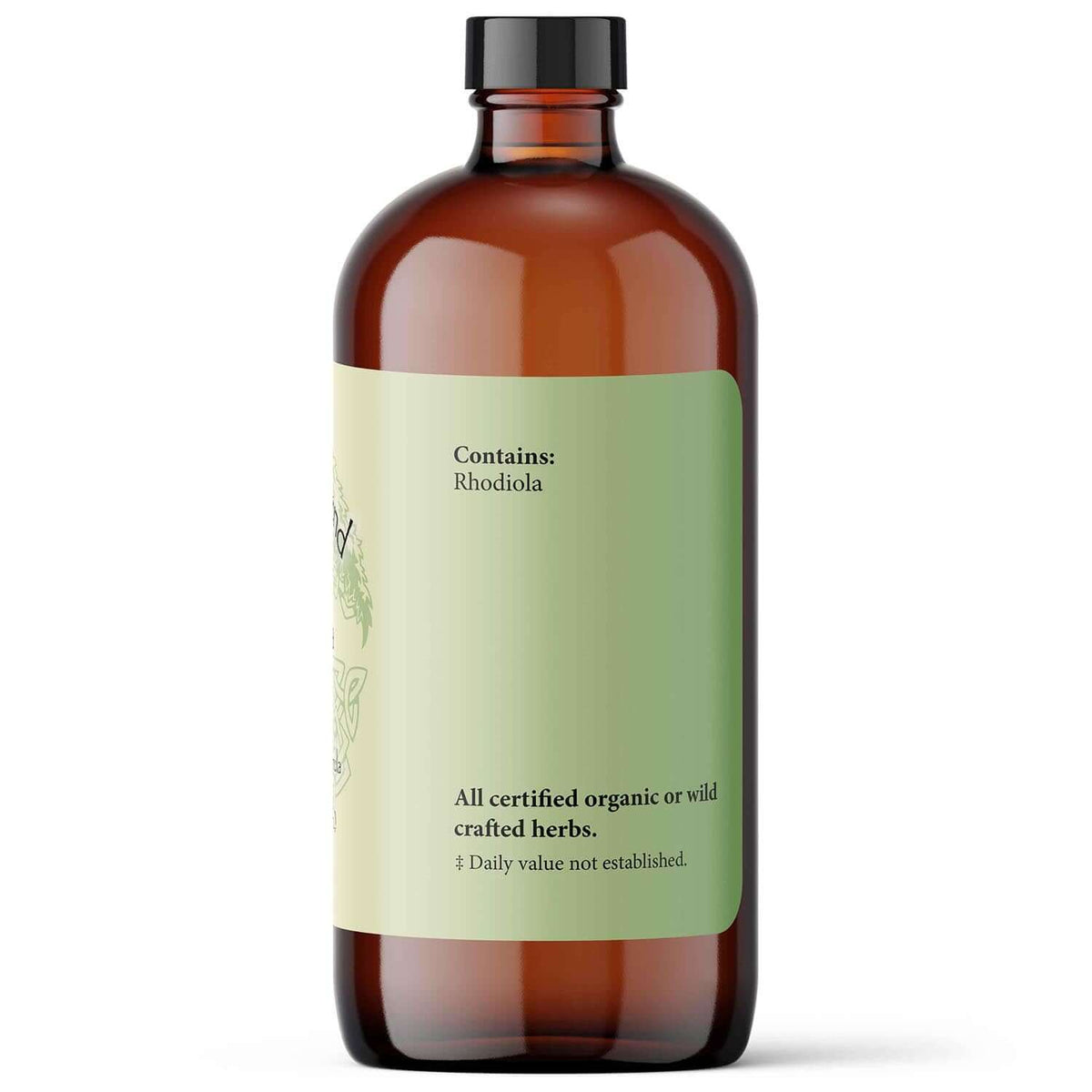 Rhodiola liquid herbs for cortisol balance in an amber bottle with green label and text about ingredients.