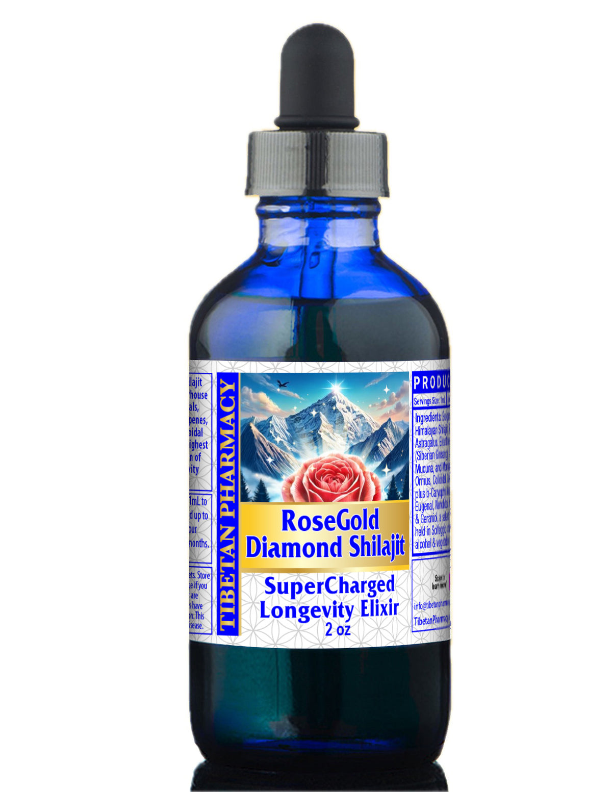 RoseGold Diamond Shilajit For Energy and Detox in a blue dropper bottle, Tibetan Pharmacy, 2 oz