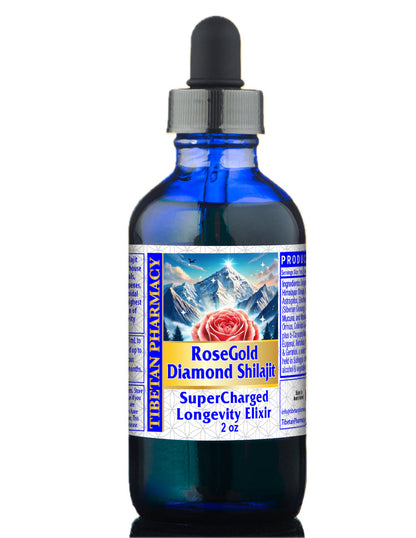 RoseGold Diamond Shilajit For Energy and Detox in a blue dropper bottle, Tibetan Pharmacy, 2 oz