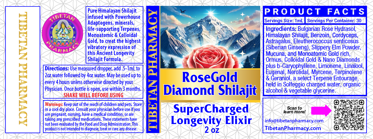 RoseGold Diamond Shilajit For Energy and Detox product label showcasing Himalayan origins and health benefits.