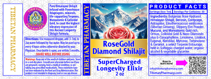RoseGold Diamond Shilajit For Energy and Detox product label showcasing Himalayan origins and health benefits.