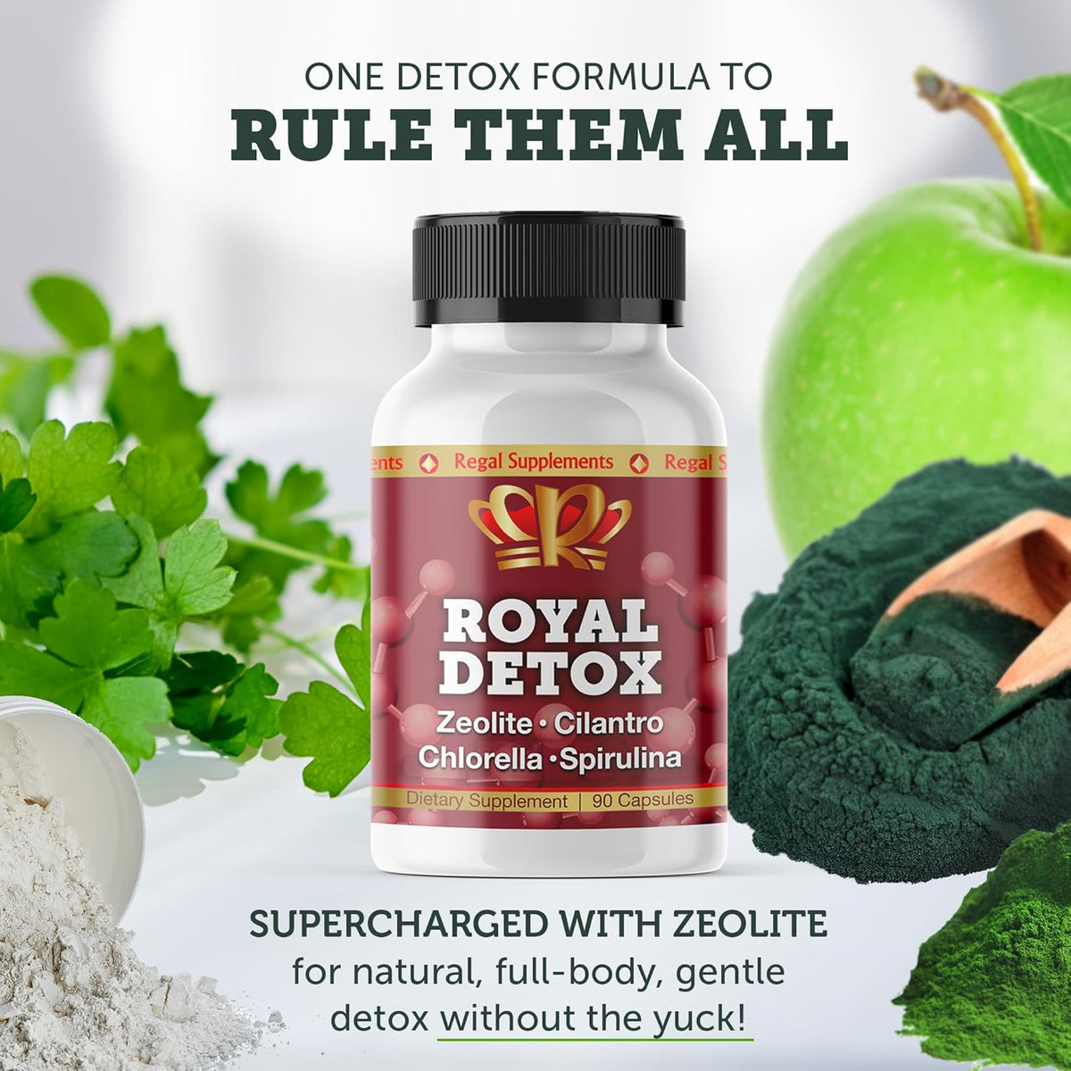 Royal Detox For Heavy Metal and Cellular Cleansing supplement bottle surrounded by detox ingredients.