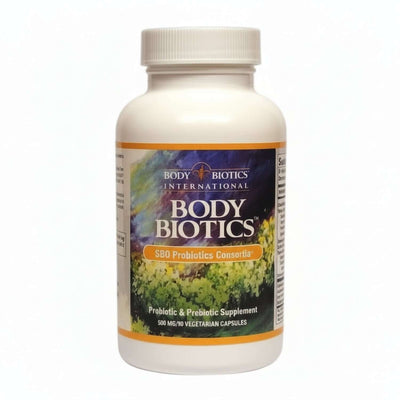 SBO Probiotics Consortia by Body Biotics, a bottle of Dormant SBO Probiotic Cultures supplement 