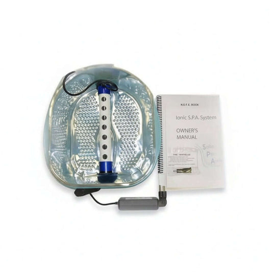 Ionic SPA Foot Bath components including a detox system device and owner's manual for Bio-Electric Water Detox System.