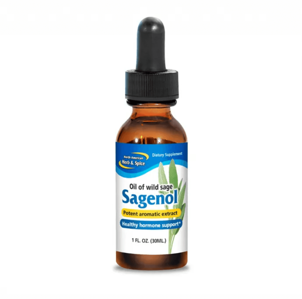 Bottle of Wild Sage Oil Sagenol from North American Herb & Spice, 1 FL. OZ, dietary supplement for healthy hormone support.