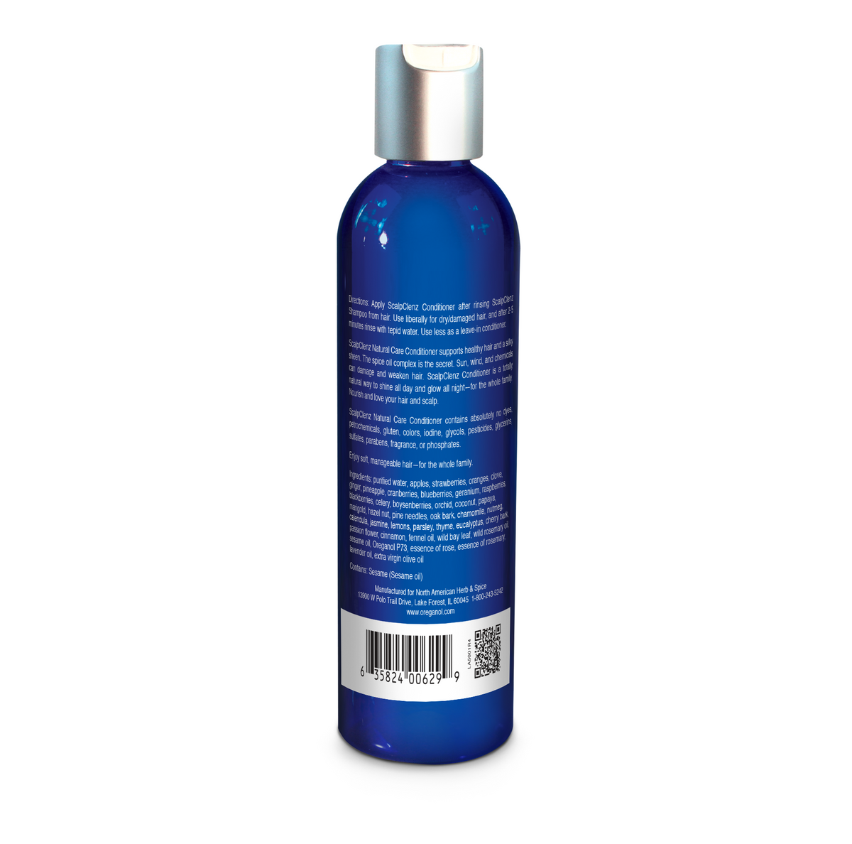Back view of ScalpClenz Conditioner bottle, featuring details about this Botanical Conditioner for Dry Scalp.