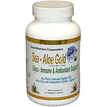 Sea-Aloe Gold - Organic Aloe Vera and Kelp Supplement in a white bottle with 90 vegetarian capsules.
