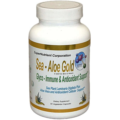 Sea-Aloe Gold - Organic Aloe Vera and Kelp Supplement in a white bottle with 90 vegetarian capsules.