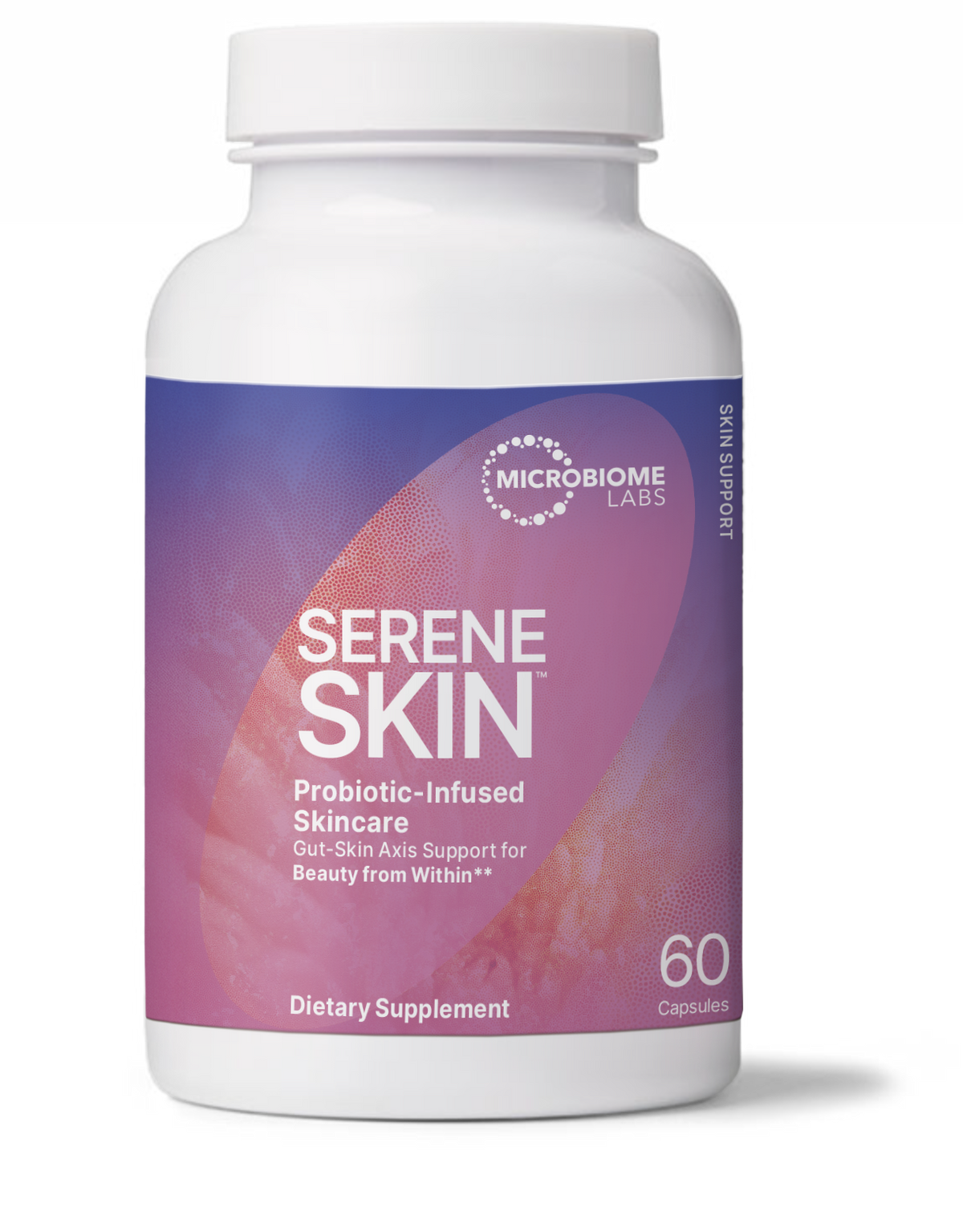 Serene Skin Gut-Skin Axis Probiotics dietary supplement bottle by Microbiome Labs.