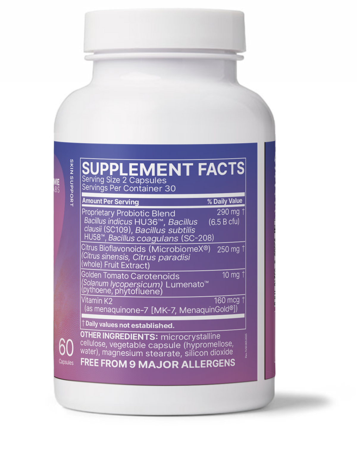 Supplement facts label for Serene Skin Gut-Skin Axis Probiotics bottle, displaying ingredients and nutritional information.