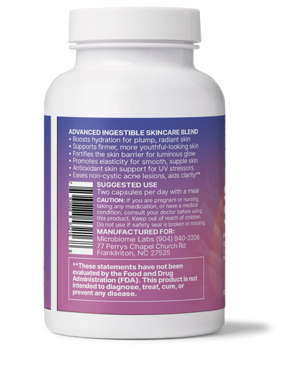 Serene Skin - Gut-Skin Axis Probiotics supplement bottle showcasing advanced ingestible skincare benefits.
