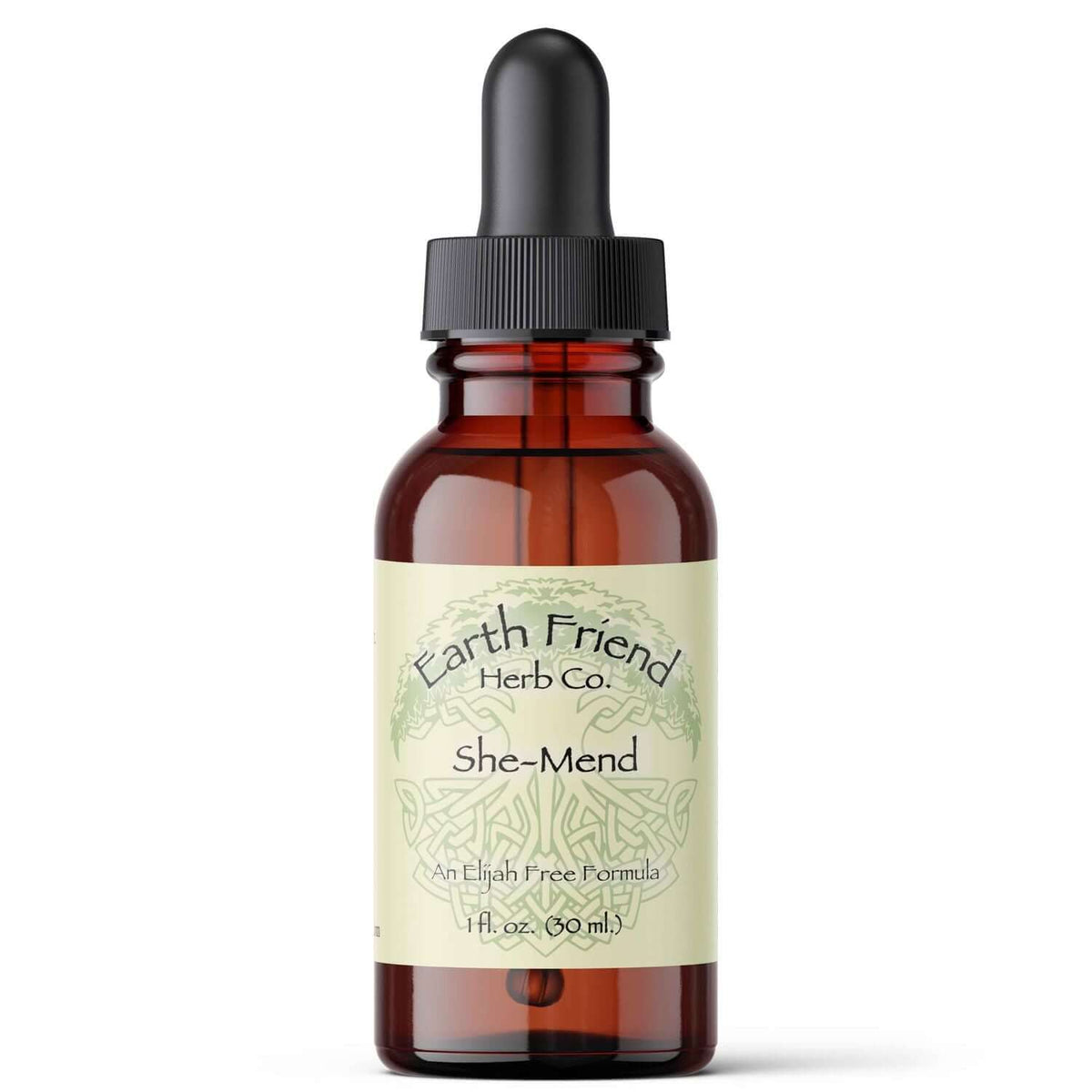 Earth Friend Herb Co She-Mend liquid herbs for menstrual comfort in an amber dropper bottle.
