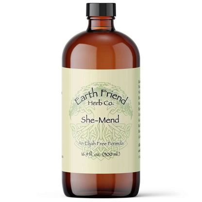 She-Mend from Earth Friend Herb Co, Liquid Herbs for Menstrual Comfort in a 16.9 oz bottle.