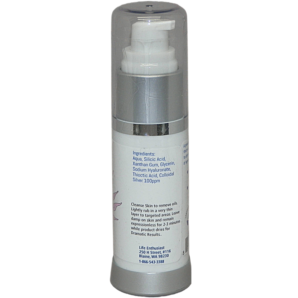 Wrinkle Removing Complex bottle with pump for hydration to plump fine lines, featuring hyaluronic acid and silicic acid.